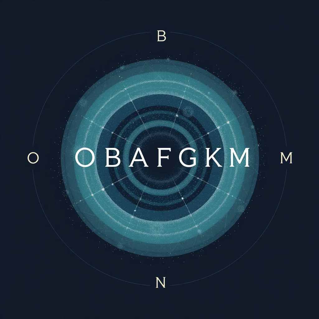 A concentric circle design with the Harvard spectral classification sequence OBAFGKM arranged around it, representing the order of star types from hottest to coolest.