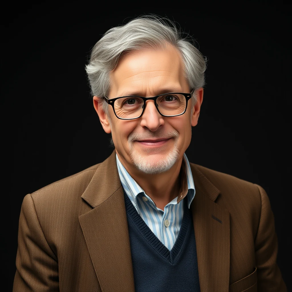 A man with gray hair and glasses is wearing a brown blazer over a blue striped shirt and dark sweater, smiling against a black background.