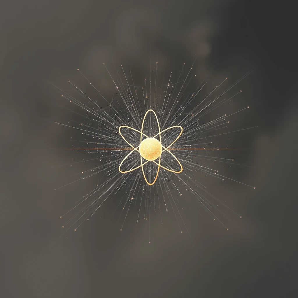 A stylized depiction of an atom with a central nucleus emitting light rays outward, symbolizing stimulated emission, a fundamental concept in laser physics.