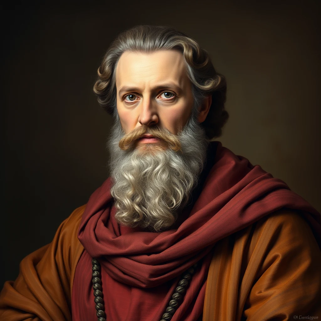 A portrait of Strabo, a Greek geographer and historian with a long, curly beard and a red scarf draped over his shoulders, set against a dark background.
