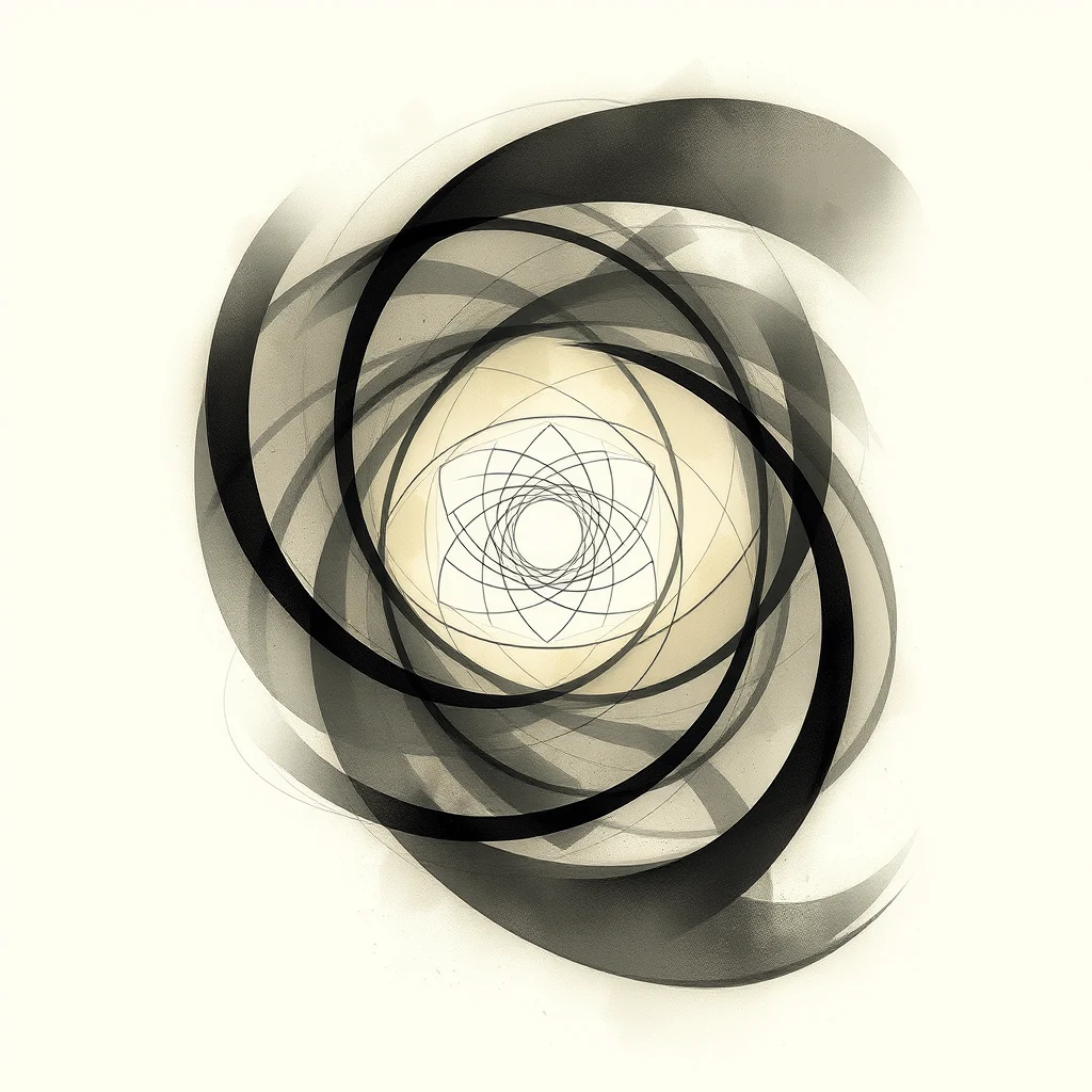 A complex, abstract geometric pattern with overlapping circles and intricate lines forms a strange attractor, showcasing a dynamic and non-repeating pattern typical of such mathematical structures.