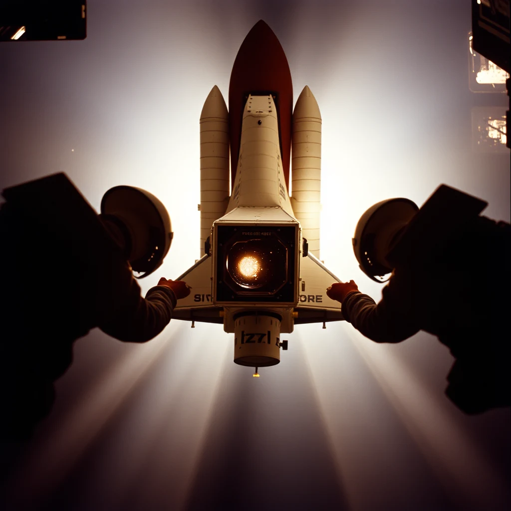 A silhouette of two individuals holding a camera lens pointed towards a space shuttle, with bright light emanating from the camera's lens, symbolizing the STS-61 mission, the first Hubble servicing mission by the Space Shuttle Endeavour in December 1993.