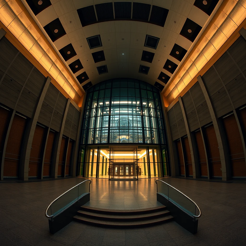 A grand interior space with a curved ceiling, large glass windows, and a central staircase leading to an entrance, illuminated by warm lighting.