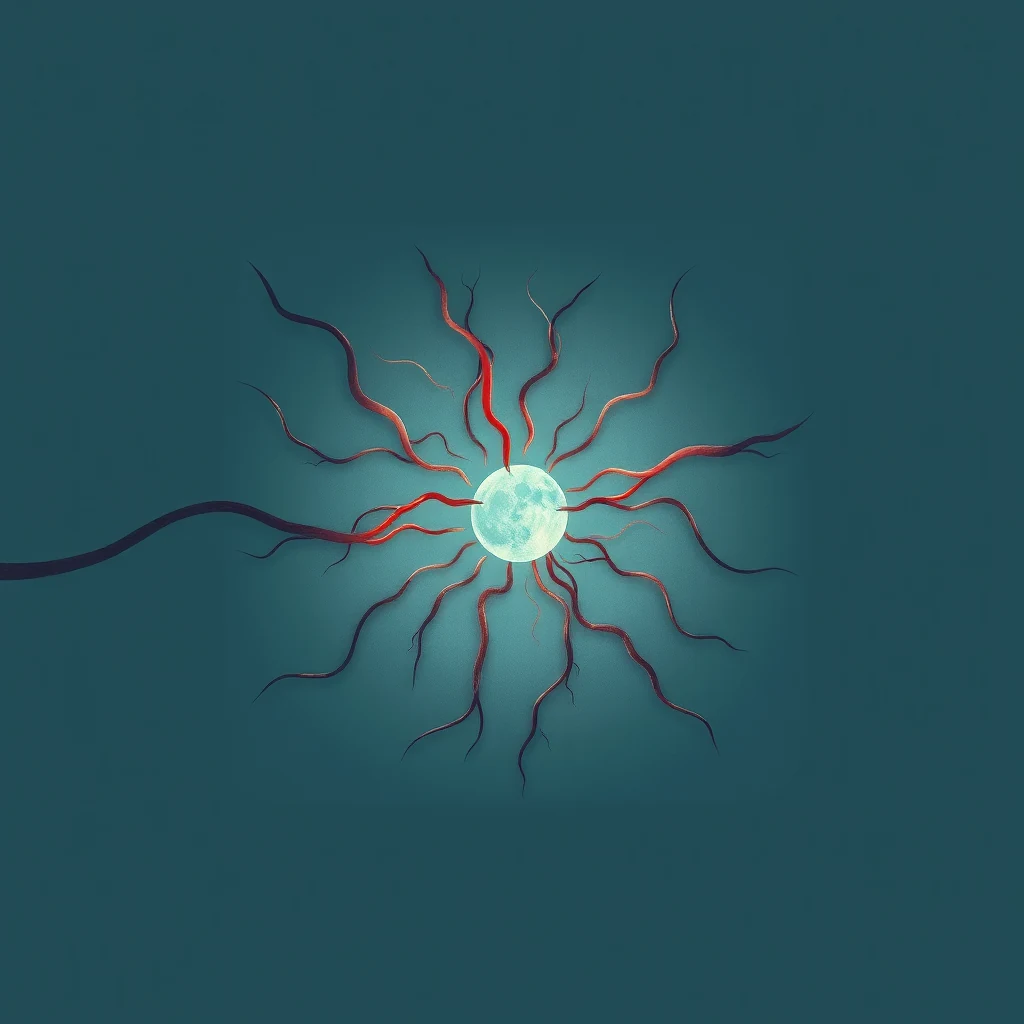 A glowing moon-like object with wavy, red and black tendrils extending outward against a teal background symbolizes the intricate and delicate nature of supermicrosurgery.