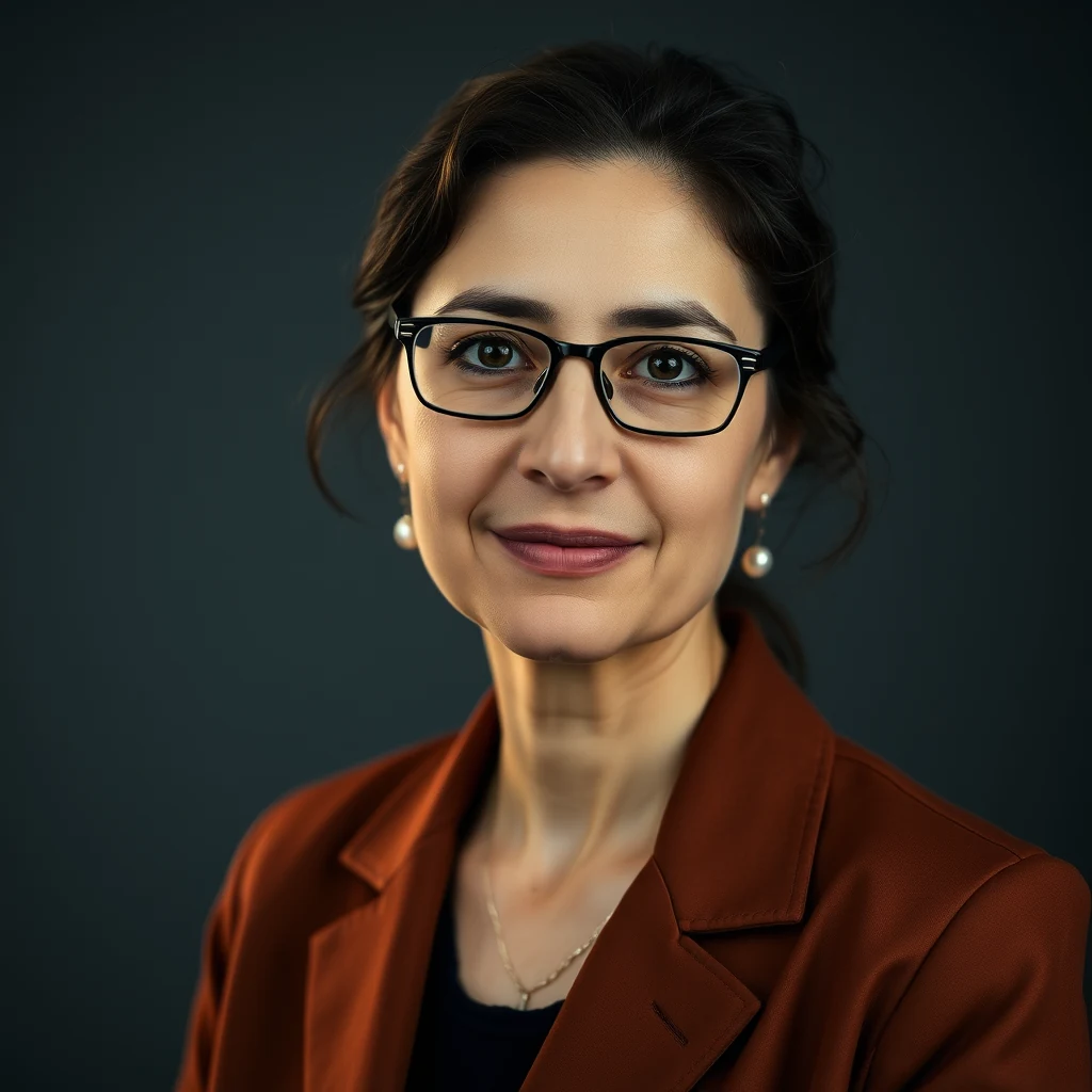 A woman with dark hair styled back, wearing glasses, a brown blazer, and pearl earrings, stands against a dark background.