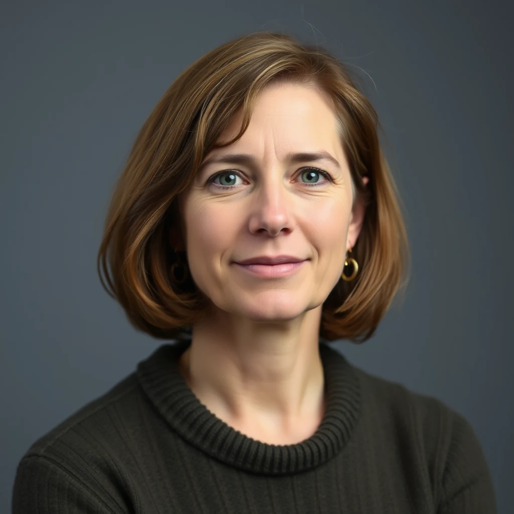 A woman with shoulder-length brown hair and gold hoop earrings wears a dark green sweater against a gray background.