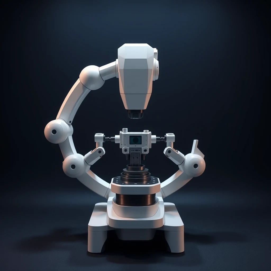 A robotic arm with a camera mounted on its end is positioned above a surgical microscope, demonstrating the Symani Surgical System's precision in open microsurgery and supermicrosurgery.