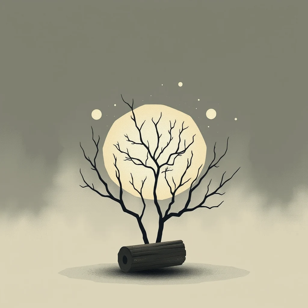 A bare tree stands on a log against a backdrop of a full moon and scattered stars, symbolizing tacit knowledge.
