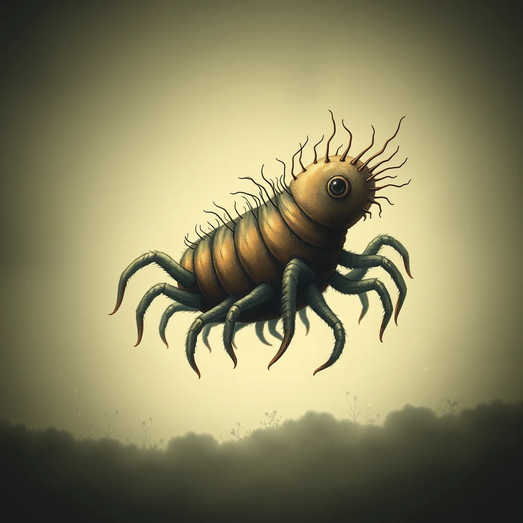 A tardigrade, a microscopic eight-legged creature resembling a miniature spider, floats against a gradient background with a silhouette of vegetation at the bottom.