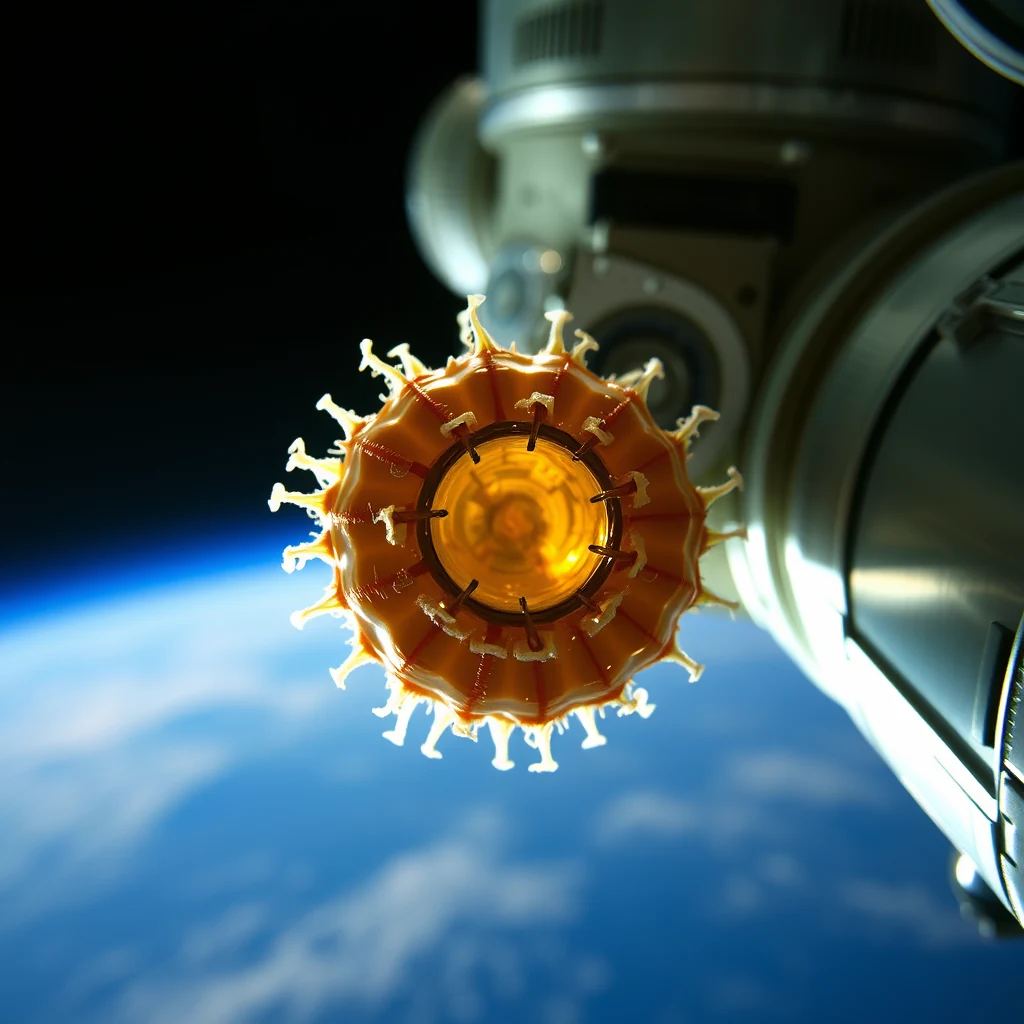 A close-up view of dehydrated tardigrades mounted on the exterior of a spacecraft, with Earth's blue atmosphere visible in the background.