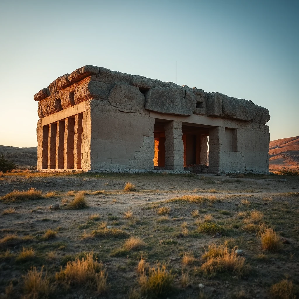 A stone structure with columns and an open doorway stands amidst a dry landscape under a clear sky, representing one of the archaeological sites known as Taş Tepeler in southeastern Anatolia, Turkey.