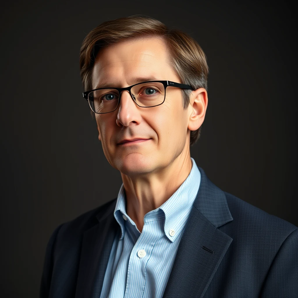 A man with short brown hair and glasses is wearing a dark suit jacket over a light blue striped shirt, standing against a dark background.