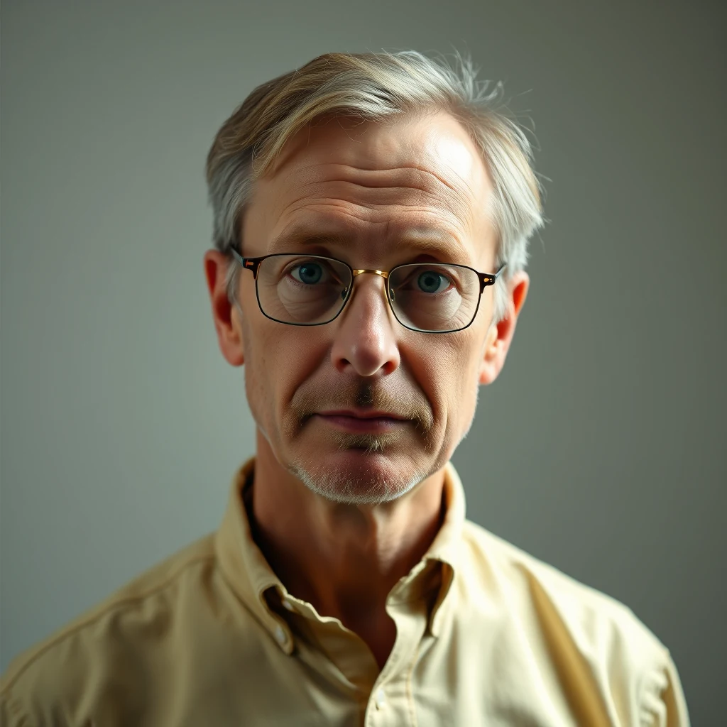A man with short gray hair and glasses wears a light yellow shirt against a neutral background.
