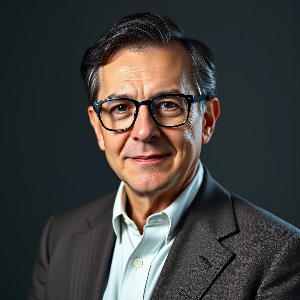 A man wearing glasses and a suit smiles gently against a dark background.