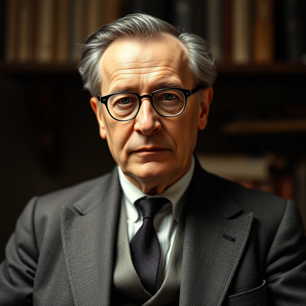 A man with gray hair and glasses, dressed in a formal suit, sits against a backdrop of bookshelves, exuding an air of intellectual gravitas.