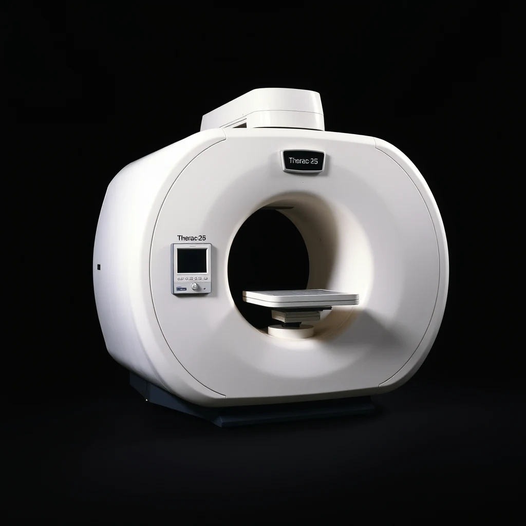 A Therac-25, a white cylindrical radiation therapy machine with a circular opening and control panel, stands against a dark background.