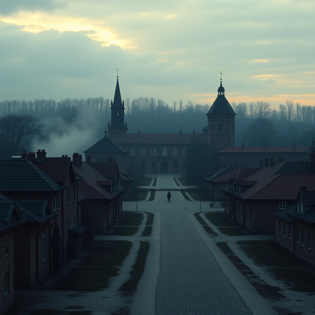 A solitary figure walks down a cobblestone path leading to a large, historic building with two prominent towers, surrounded by rows of smaller buildings under a cloudy sky.