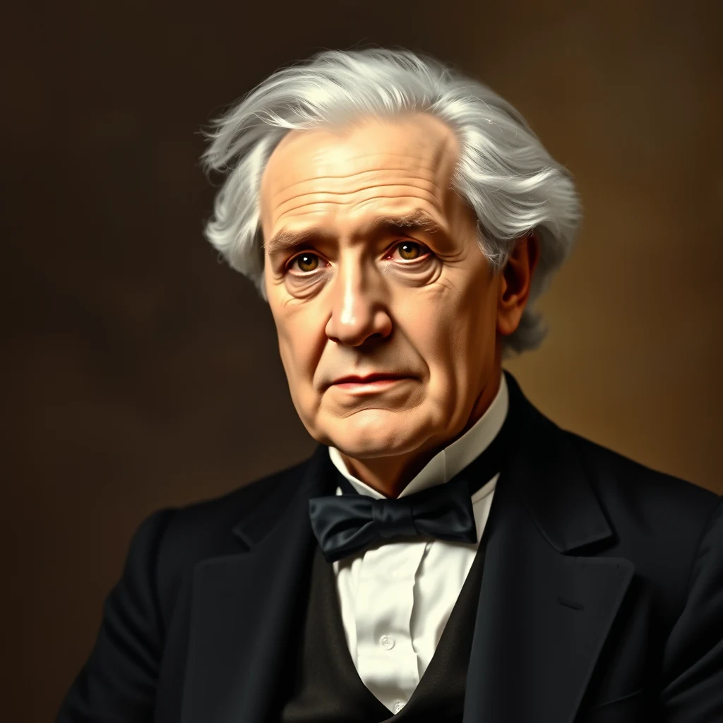 Thomas Edison, an American inventor and industrialist, is depicted in formal attire with white hair, wearing a black tuxedo and bow tie against a dark background.