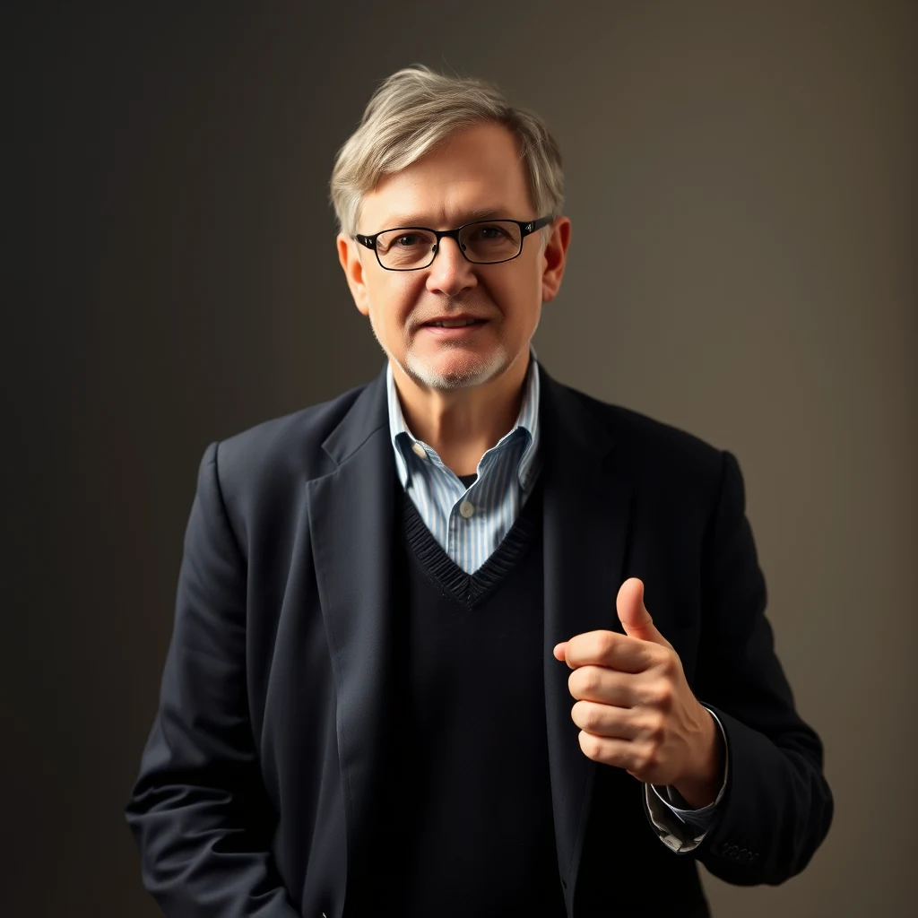 Thomas Hales, an American mathematician with gray hair and glasses, gestures with his right hand while wearing a dark suit jacket over a striped shirt and sweater vest.