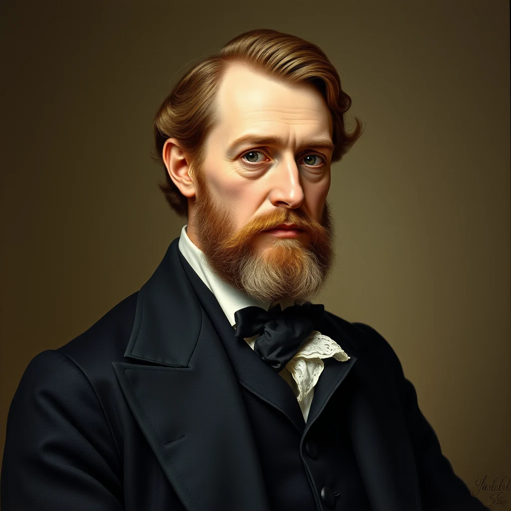 Thomas Hancock, an English manufacturer from the 19th century, is depicted in formal attire with a bow tie and a neatly groomed beard, symbolizing his significant contributions to the British rubber industry.