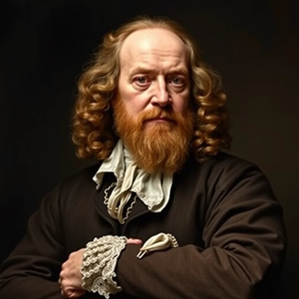 Thomas Hobbes, an English political philosopher from the 17th century, is depicted in a formal portrait wearing a dark coat and white lace cuffs, with his arms crossed and a serious expression.