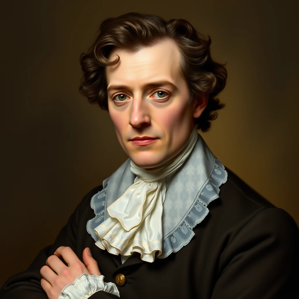 Thomas Mudge, an English watchmaker from the late 18th century, is depicted in formal attire with a ruffled cravat, showcasing his historical significance in watchmaking.