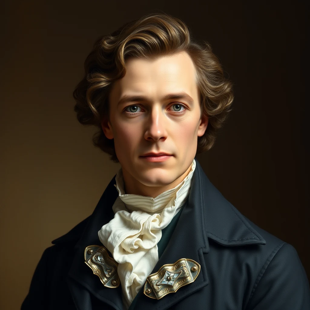 Thomas Young, wearing a dark coat with a white cravat and ornate gold brooches, stands against a dark background.