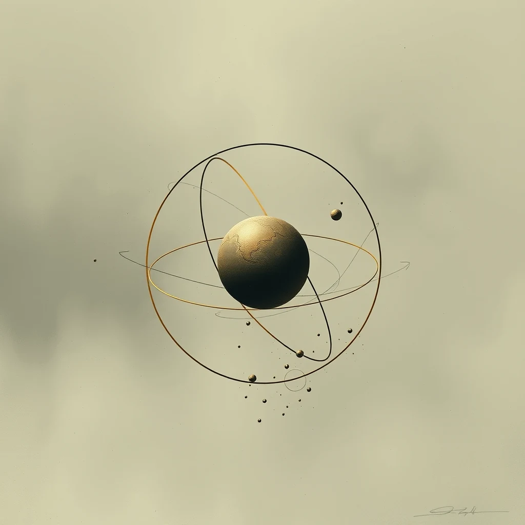 The image depicts a conceptual representation of the three-body problem, showing three celestial bodies orbiting around each other in complex, non-elliptical paths, symbolizing the chaotic nature of their gravitational interactions.