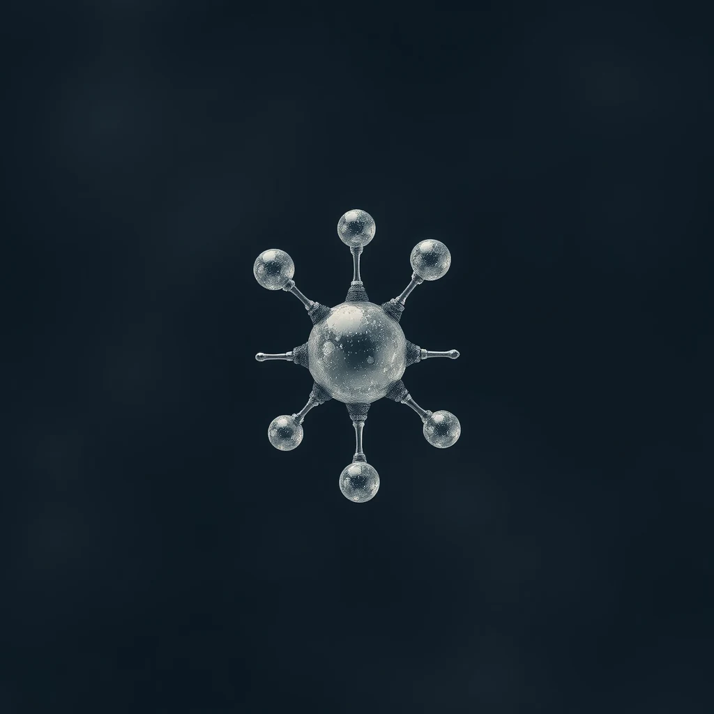 A molecular structure resembling a virus with a central sphere and four smaller spheres extending outward, symbolizing thyroxine, a hormone isolated by Edward Kendall in 1914.