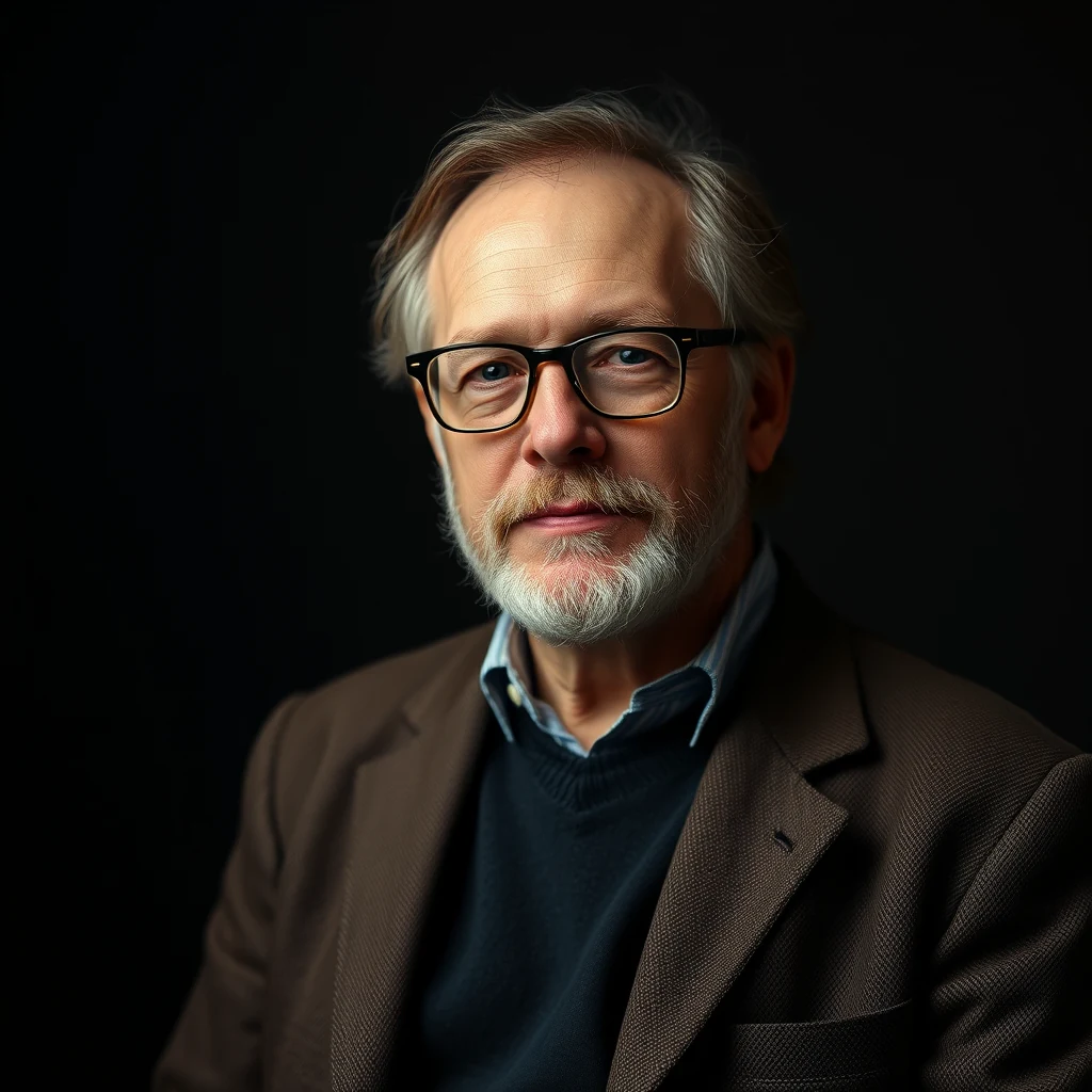 A man with gray hair and a beard wearing glasses, a dark sweater, and a blazer stands against a dark background.