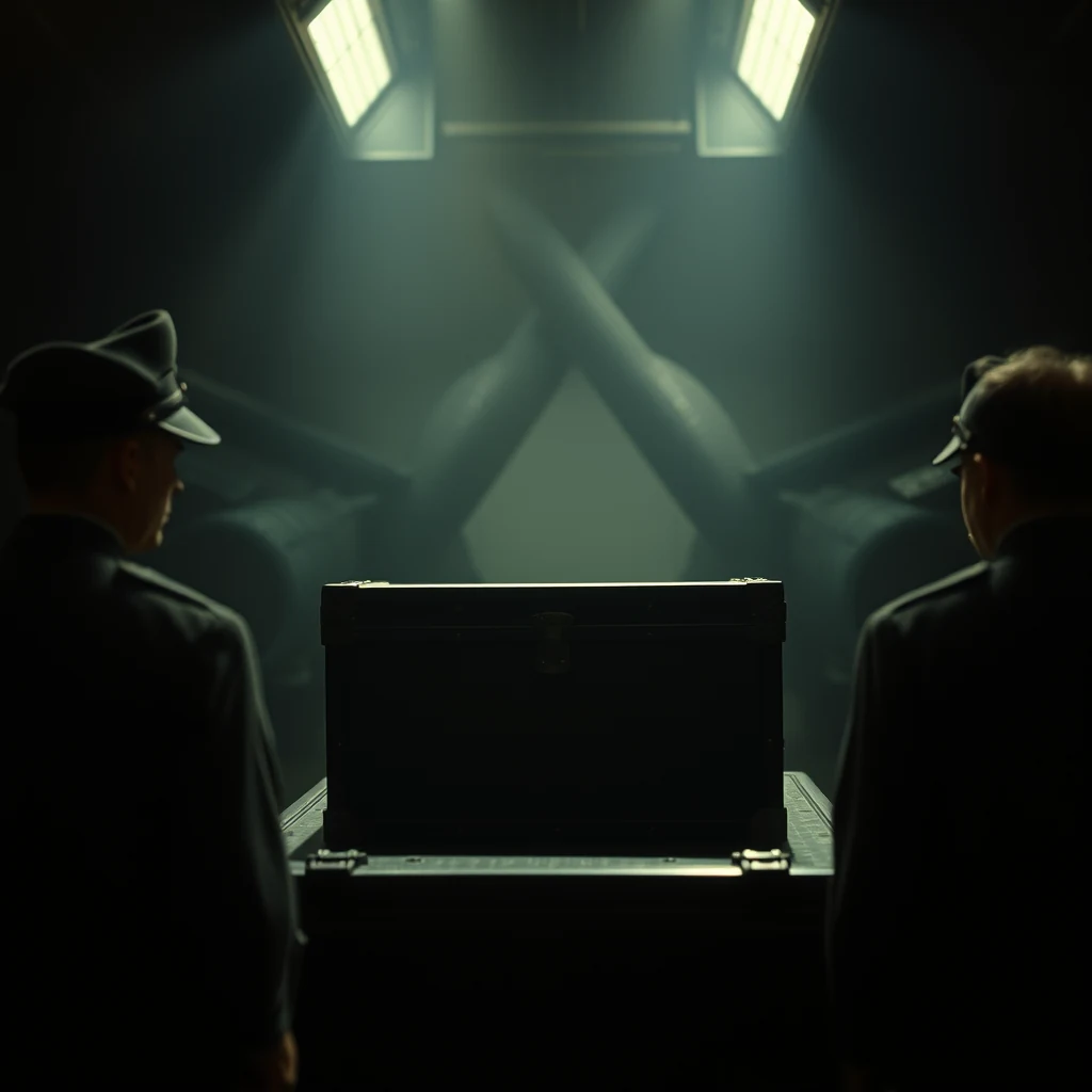 Two men in uniform stand before a large black metal trunk in a dimly lit room with crossed beams overhead, symbolizing the secretive nature of the Tizard Mission.