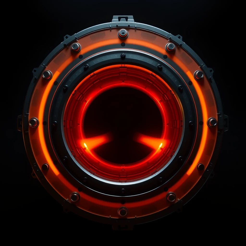A Tokamak reactor with a glowing red interior and metallic structure, showcasing its complex design and the intense light emanating from within.