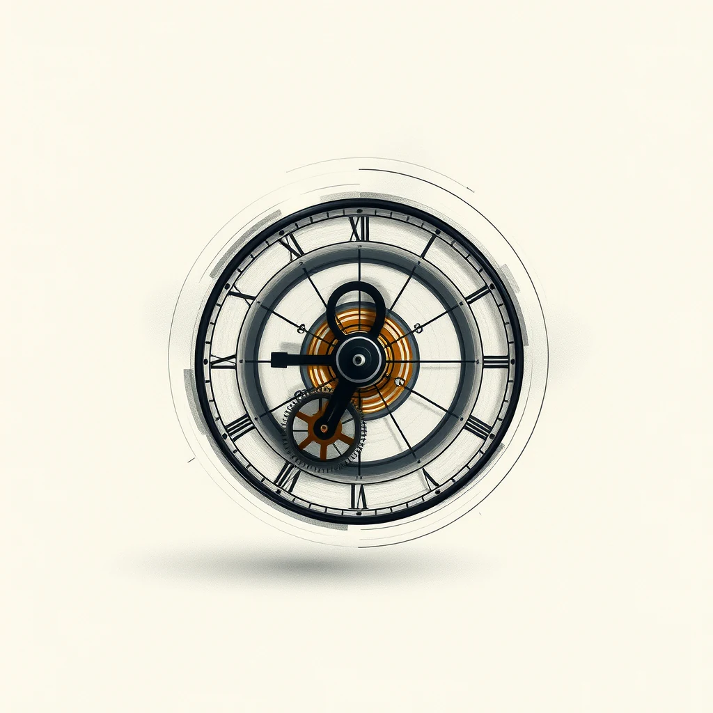A conceptual illustration of a tourbillon, featuring a transparent clock face with Roman numerals and a rotating cage at its center, symbolizing the mechanism's intricate design and movement.