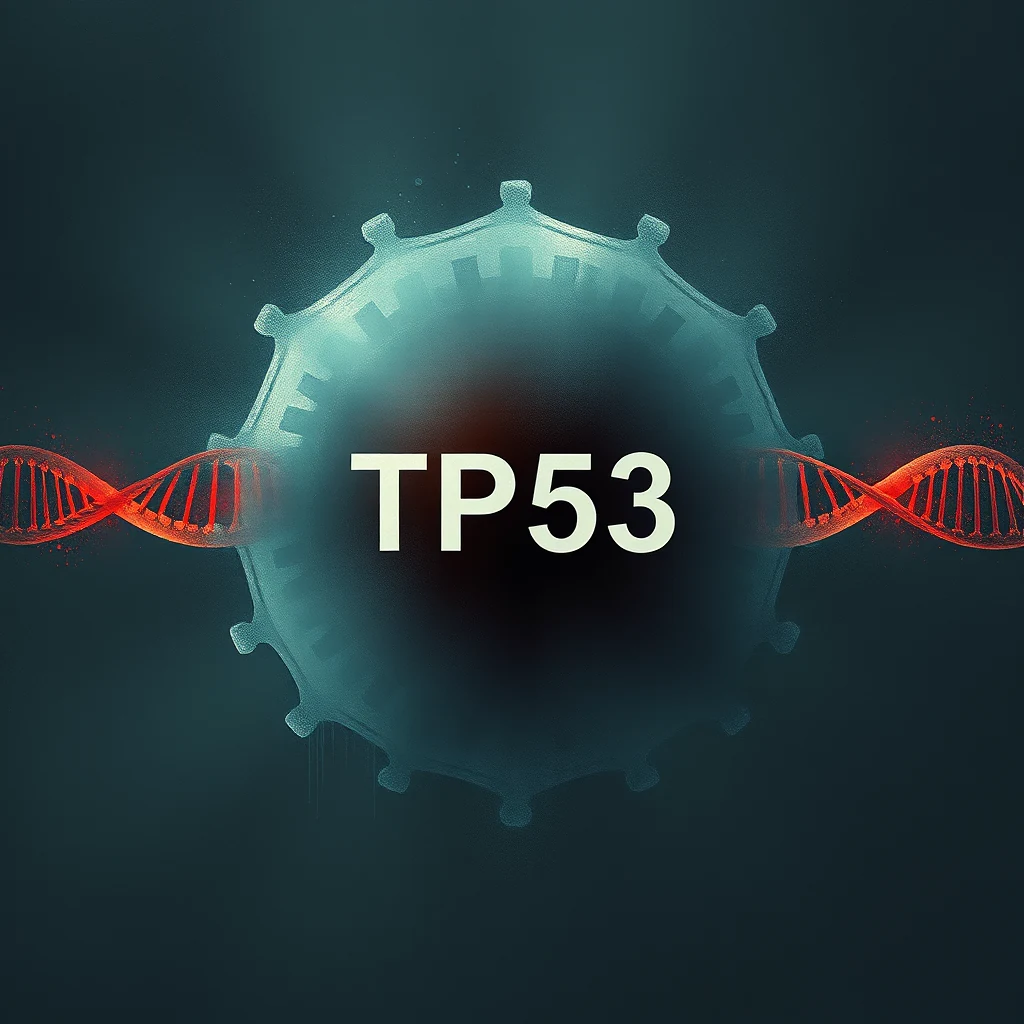 The image depicts a stylized representation of the TP53 gene, with a glowing red DNA double helix on either side against a dark background, symbolizing its role in monitoring and repairing DNA damage.
