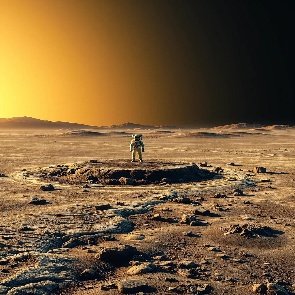 A lone astronaut stands on a rocky, barren landscape under a dramatic sunset sky, evoking the desolate beauty of Tranquility Base on the Moon's surface.