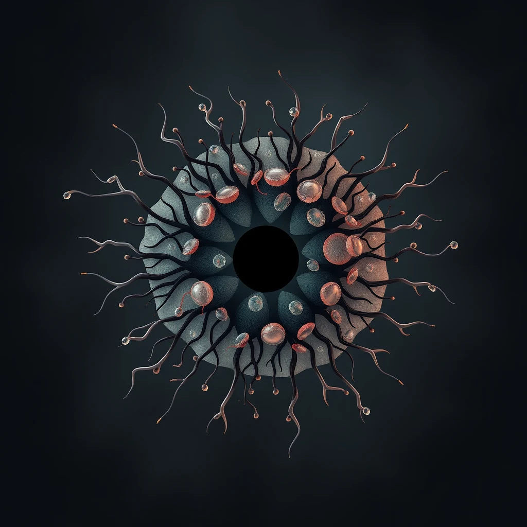 The image depicts a conceptual representation of transdifferentiation, showing a circular structure with elongated, tentacle-like appendages extending outward, surrounded by smaller spherical entities, symbolizing the direct conversion of specialized cells into another type without reverting to a stem-cell state.