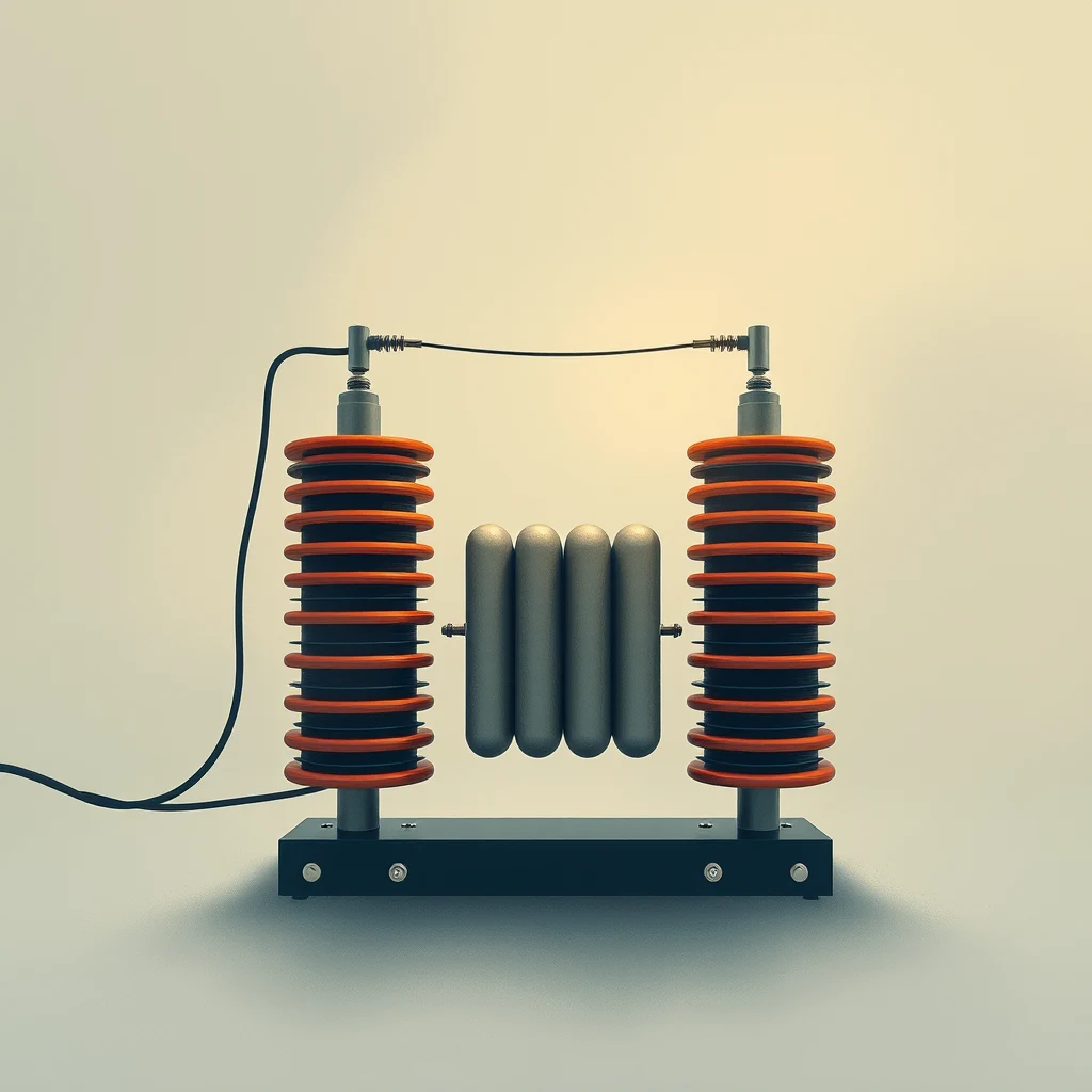 A transformer concept illustration featuring two stacked orange and black coil structures connected by wires, with a central metallic component in the middle, symbolizing the core of the device.