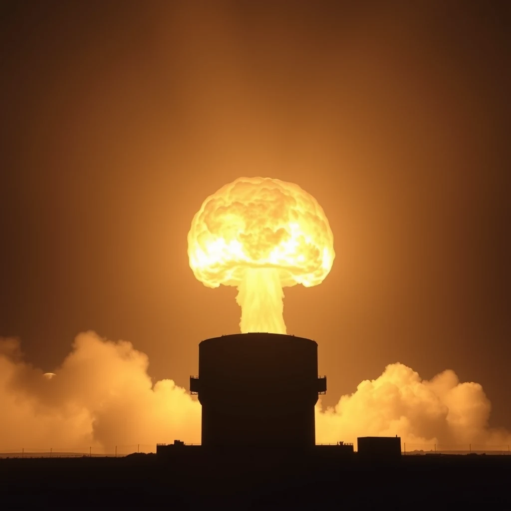 A mushroom cloud rises from a silhouetted structure against an orange sky, depicting the Trinity test, the first detonation of a nuclear weapon.