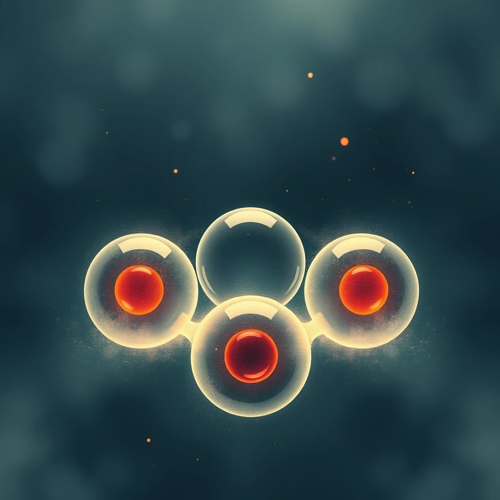 The image depicts four transparent spheres connected at their centers, with red cores, symbolizing the triple-alpha process where helium nuclei combine to form carbon.