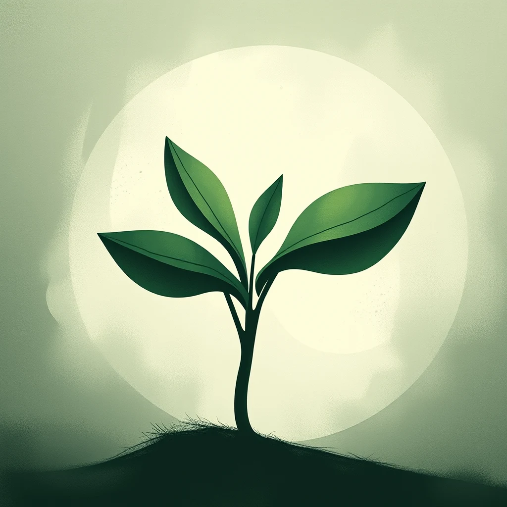 A young plant sprouts from soil, its leaves reaching towards a glowing orb in the background, symbolizing phototropism.