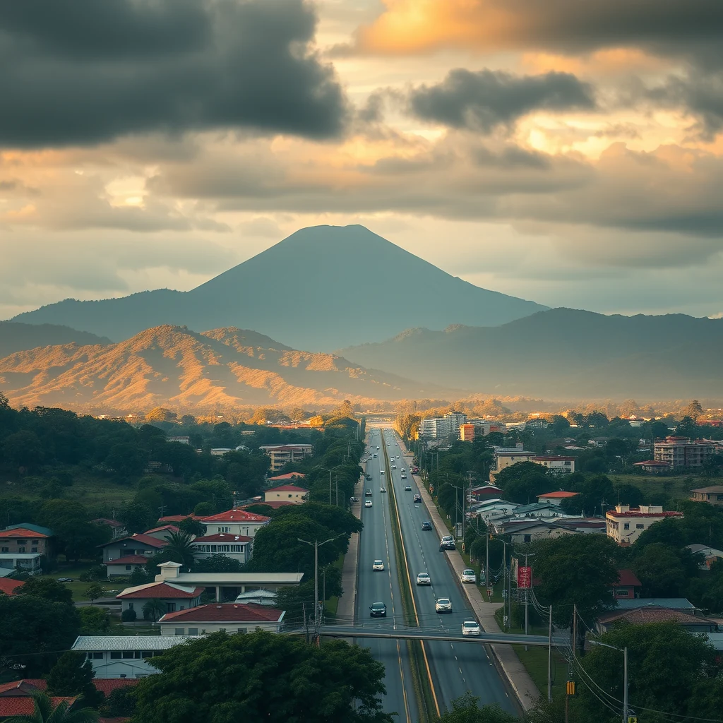 A bustling cityscape stretches towards a distant volcano under a dramatic sky, showcasing the blend of urban life and natural beauty in Turrialba, Costa Rica.