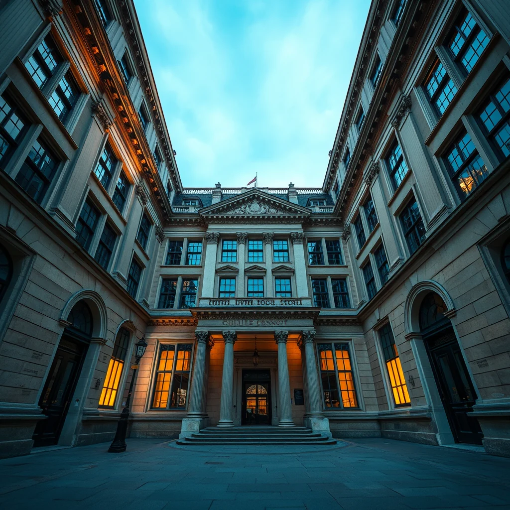A grand, historic building with classical architecture and warm interior lighting stands at the center of a courtyard, showcasing the architectural beauty of University College London, founded in 1826.