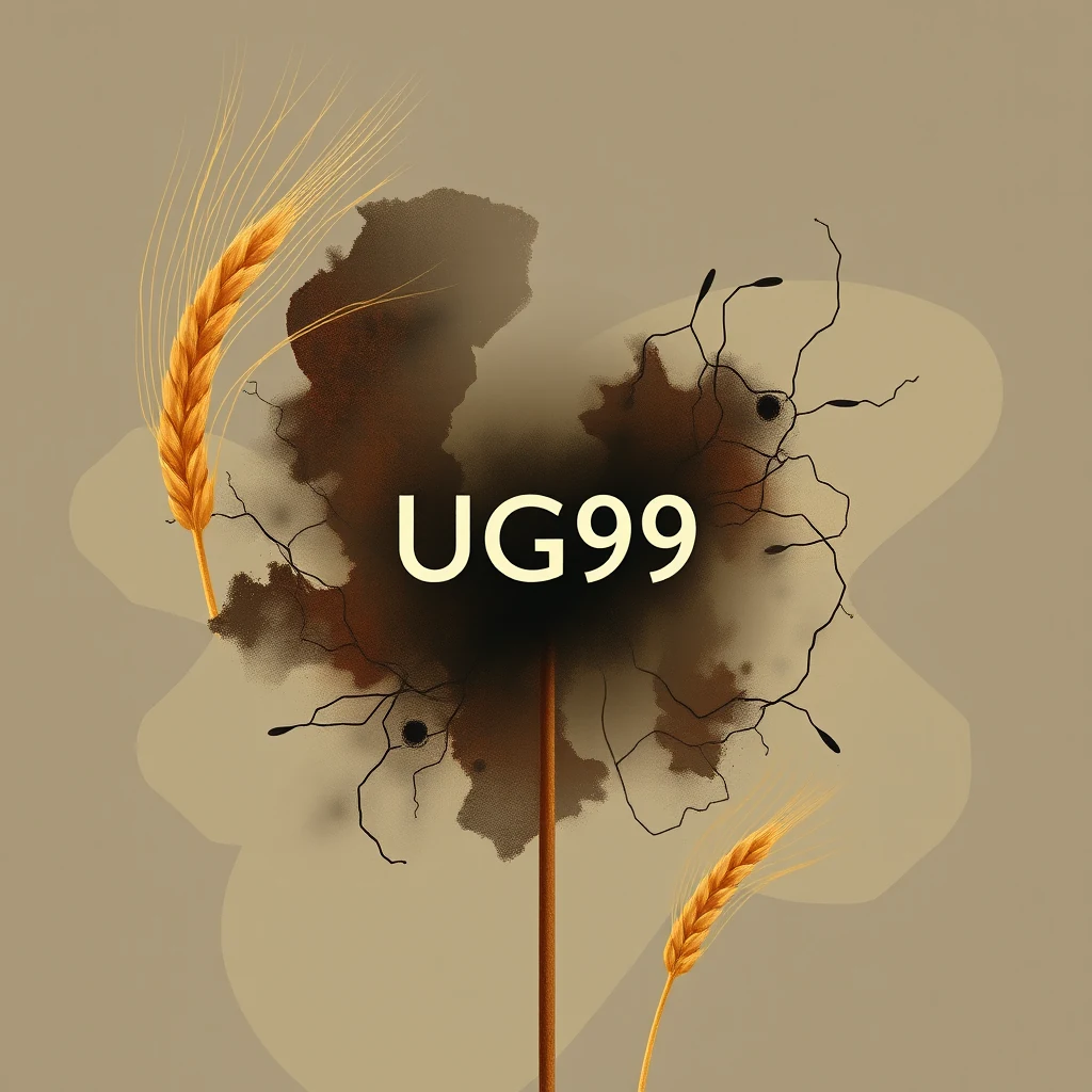 The image depicts a wheat ear with the text "UG99" overlaid on a background featuring abstract shapes and lines, symbolizing the Ug99 lineage of the wheat stem rust fungus.