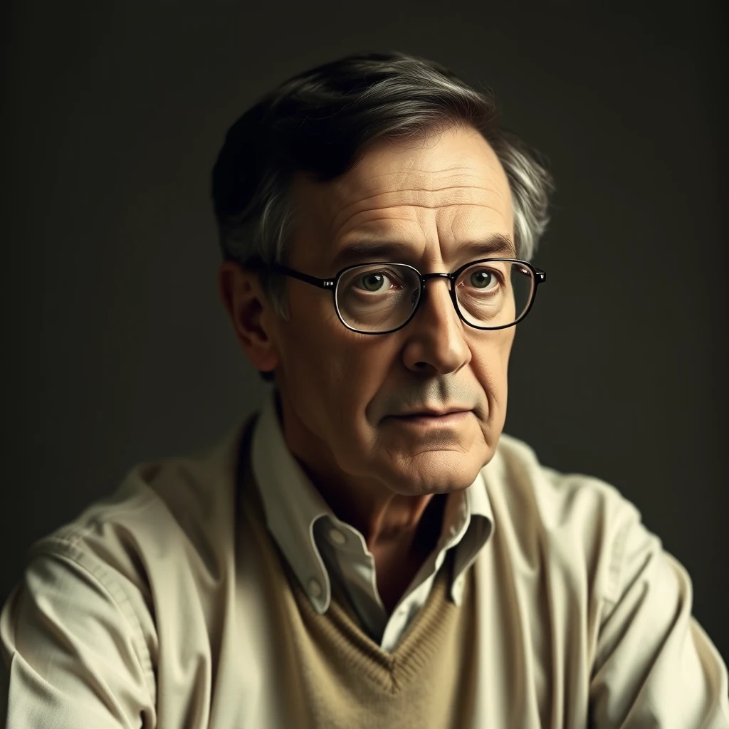 A man wearing glasses and a beige sweater over a collared shirt is seated against a dark background.