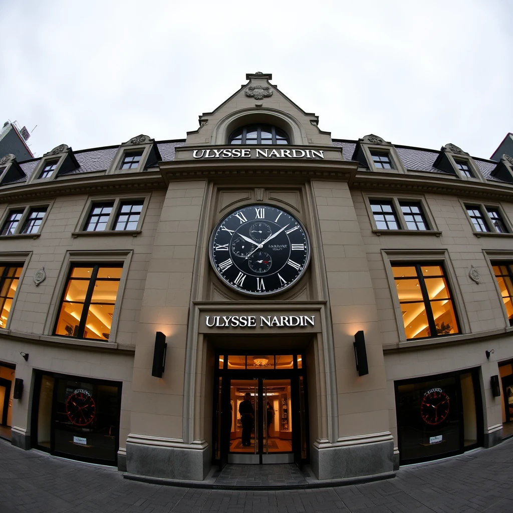 A grand Ulysse Nardin storefront features an ornate facade with a large clock above the entrance, showcasing the brand's iconic design and craftsmanship.