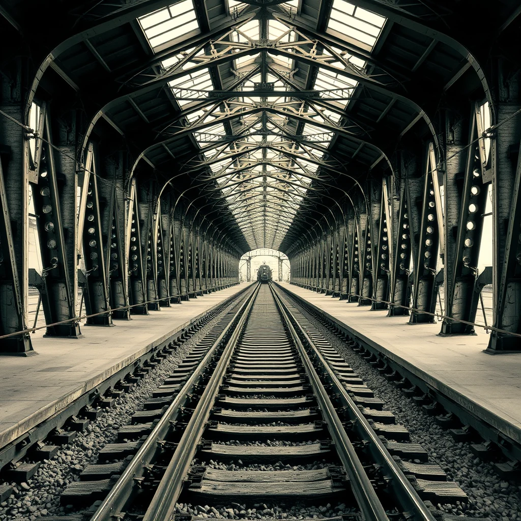 A train station with a high arched roof and tracks leading into the distance under a skylight.