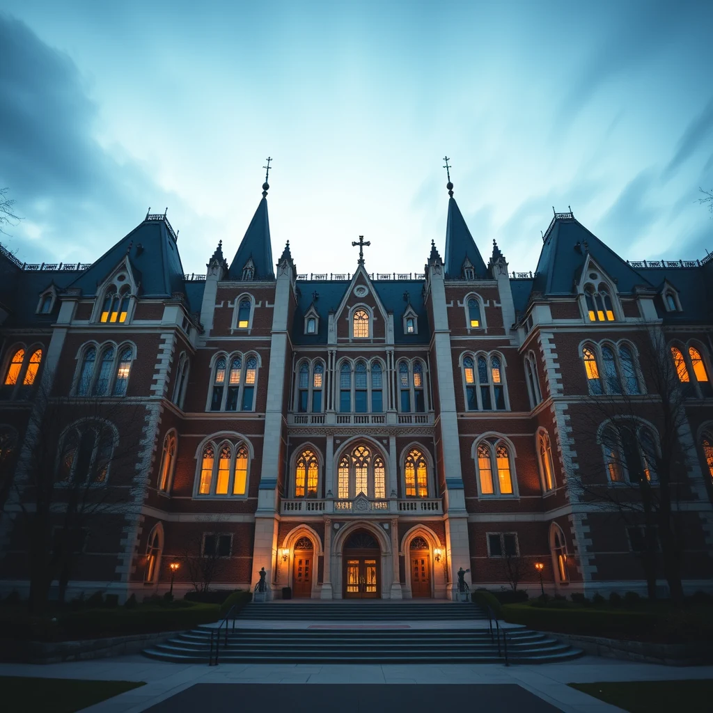 A grand, historic building with Gothic architectural features, including pointed arches, spires, and stained glass windows, stands illuminated at dusk, showcasing its intricate design and warm interior lighting.