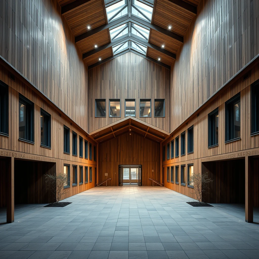 A spacious interior courtyard with wooden walls, large windows, and a glass roof allowing natural light to flood the area.
