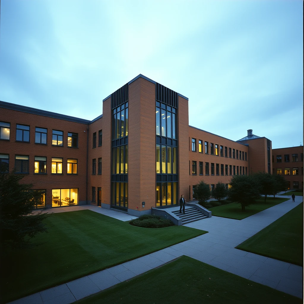 A modern brick building with large glass windows stands at dusk, surrounded by well-maintained green lawns and pathways, reflecting the architectural style of the University of Surrey.