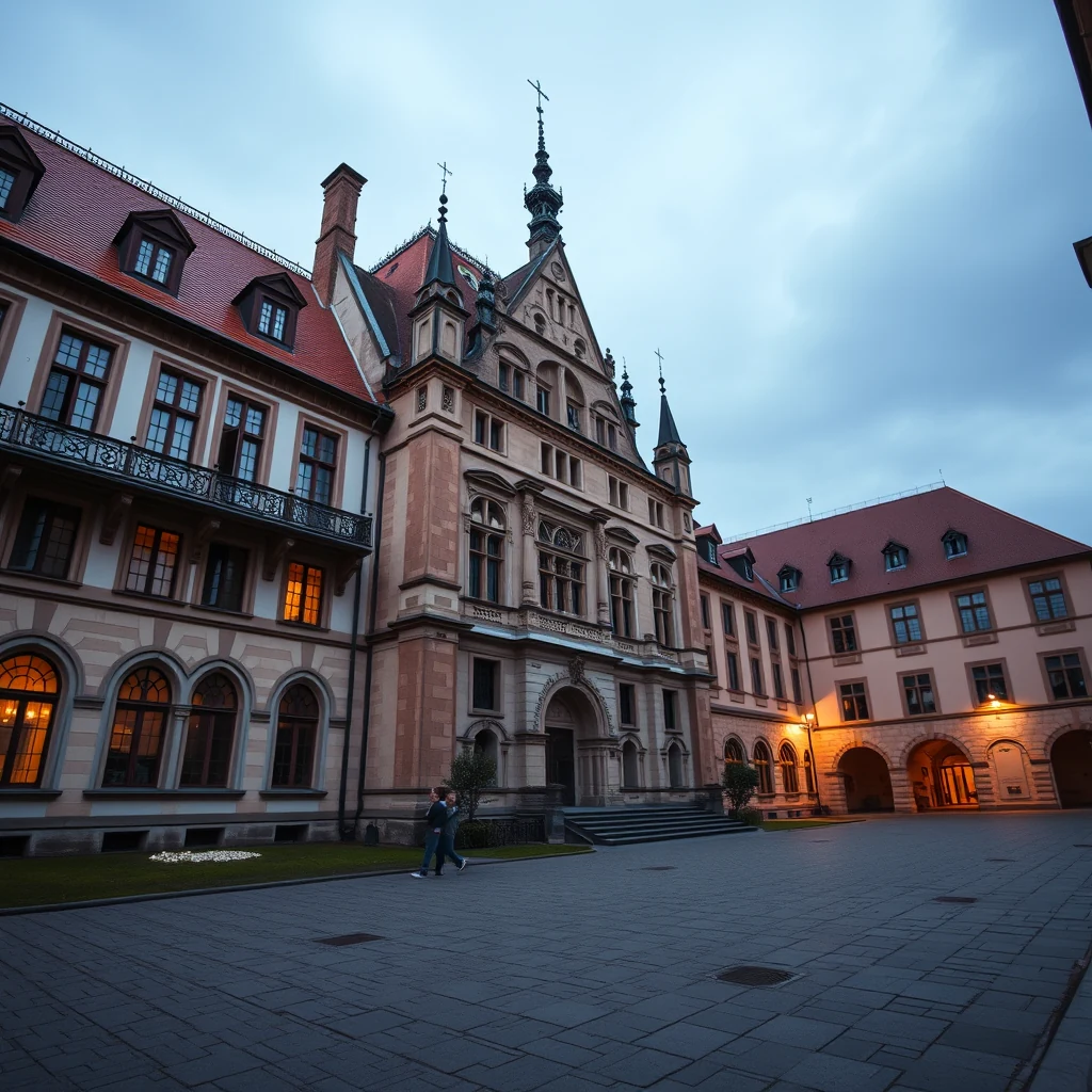 A grand, historic building with ornate architecture and red-tiled roofs stands under a cloudy sky, illuminated by warm lights, suggesting an evening scene at the University of Würzburg.